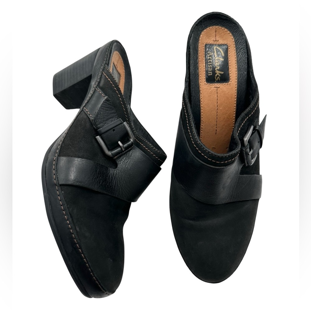 Clarks Artisan Black Leather & Suede Heeled Slip-on Mule Clogs Size 9